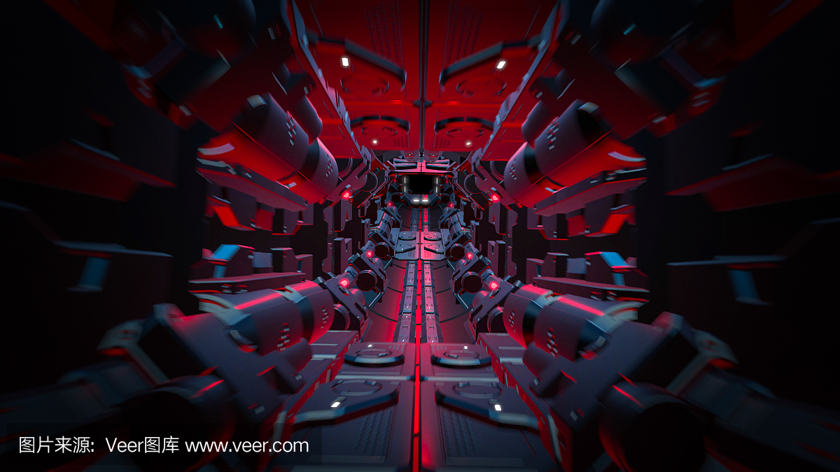 未来的隧道与光的3d渲染。